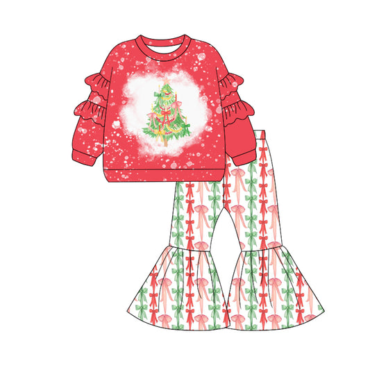 Baby Girls Christmas Trees Bows Top Bell Bottom Pant Set Preorder