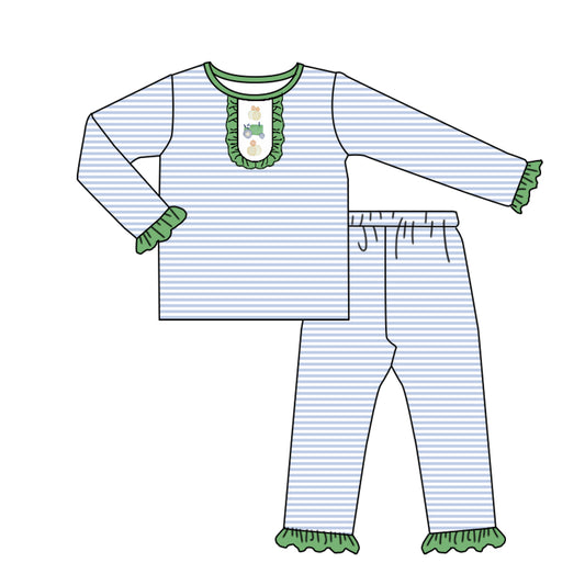 Baby Girls Blue Stripe Pumpkins Top Ruffle Pants Fall Pajamas Set Preorder