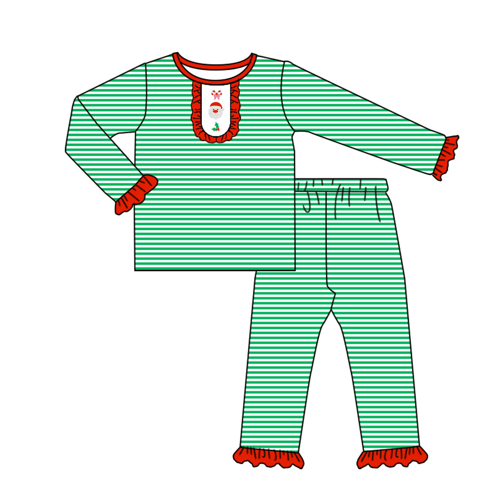Baby Girls Green Stripe Santa Holly Top Ruffle Pants Christmas Pajamas Set Preorder