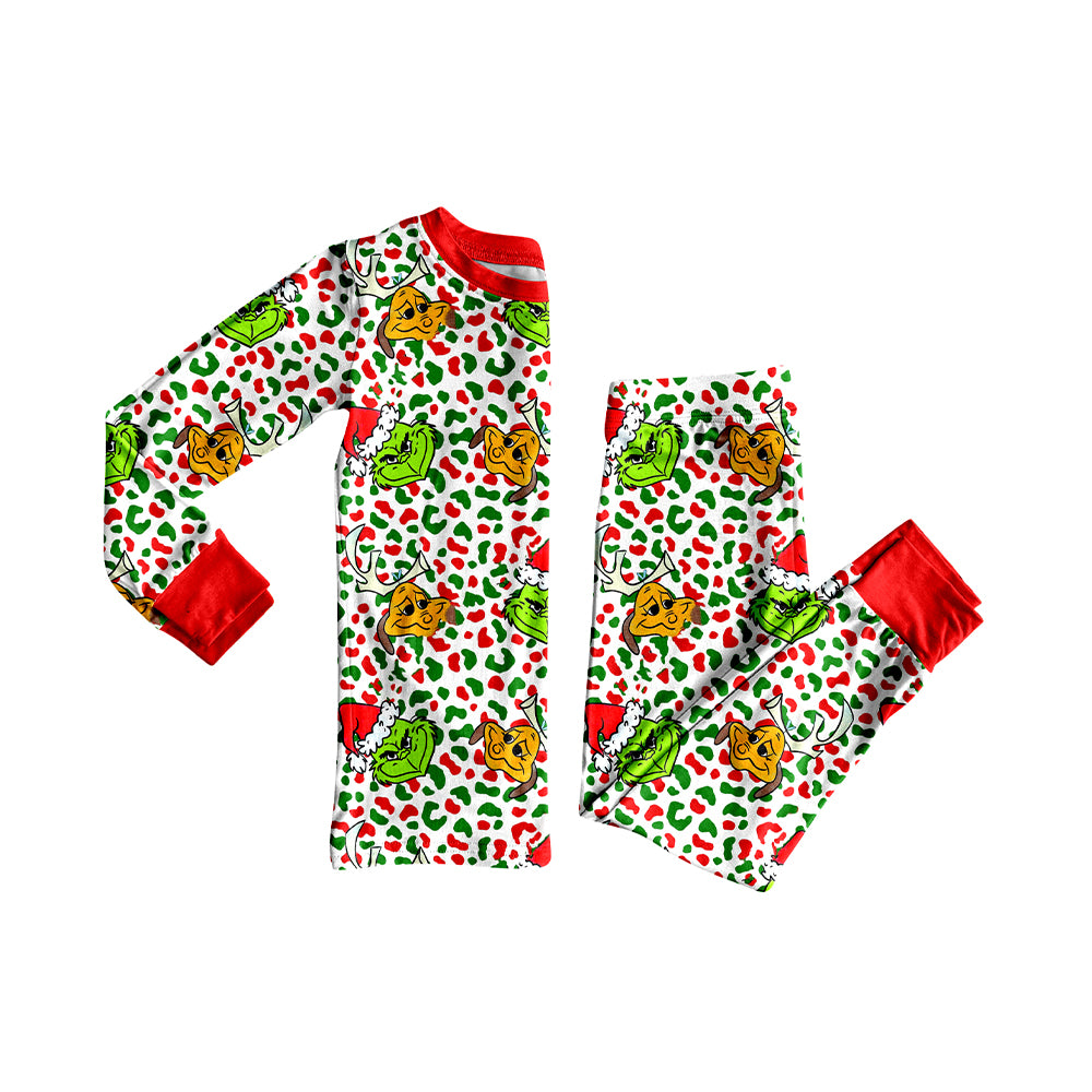 Baby Girls Green Faces Leopard Top Pant Christmas Pajamas Sets Preorder