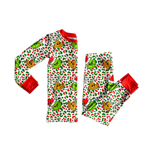 Baby Girls Green Faces Leopard Top Pant Christmas Pajamas Sets Preorder