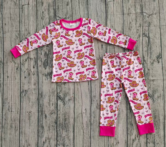 Baby Girls Pink Checked Flowers Howdy Top Pant Western Pajamas Sets