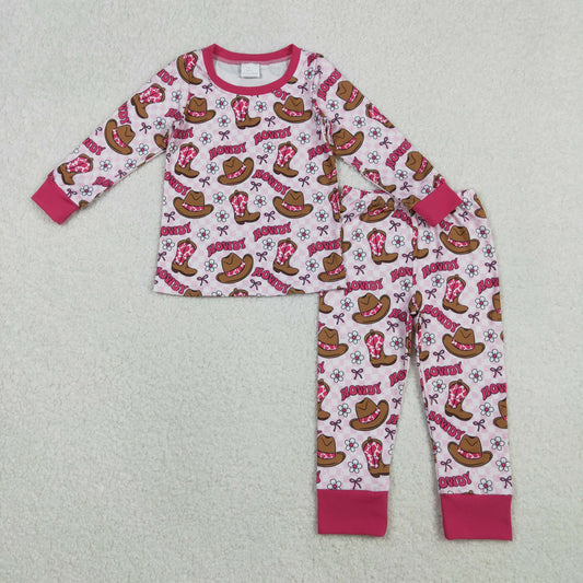 Baby Girls Pink Checked Flowers Howdy Top Pant Western Pajamas Sets