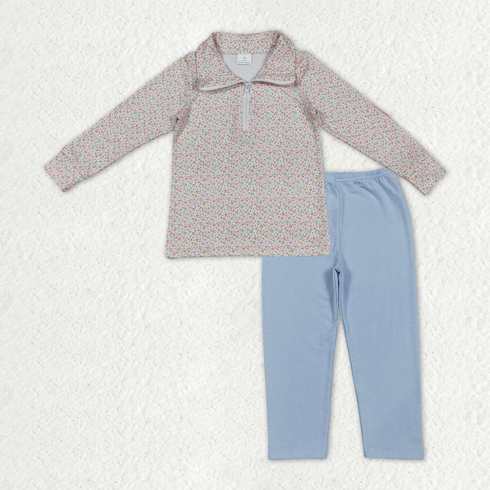 Baby Girls Floral Zipper Pullover Blue Legging Pants Clothes Set