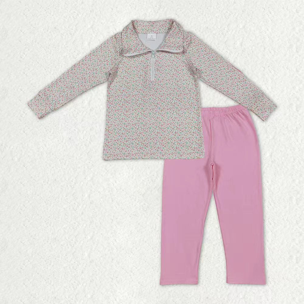 Baby Girls Floral Zipper Pullover Pink Legging Pants Clothes Set