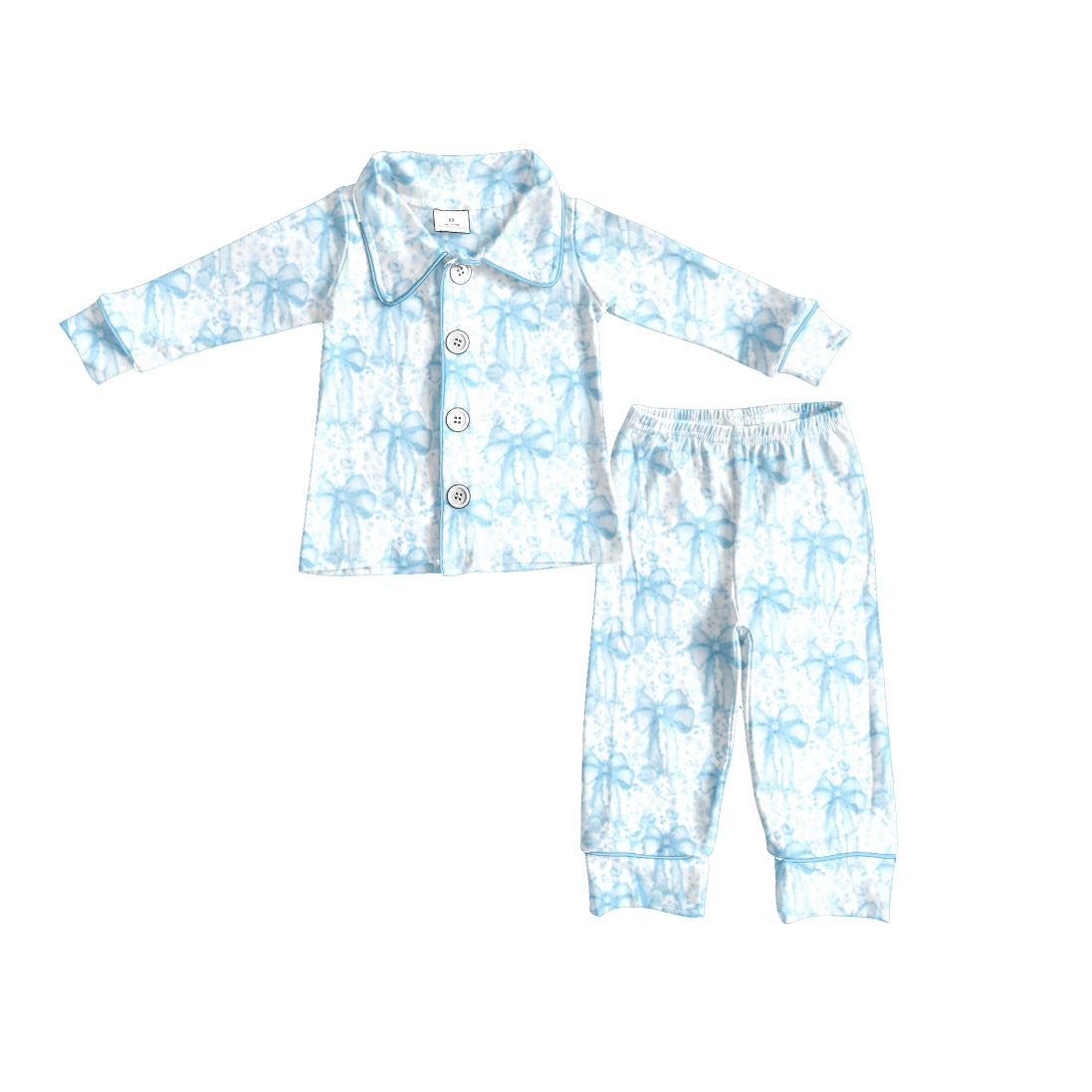 Baby Girls Blue Bows Plaid Button Top Pant Pajamas Set Preorder