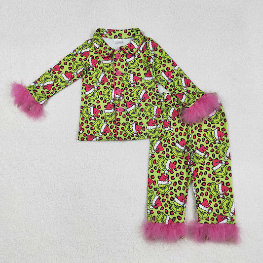 Baby Girls Christmas Green Face Leopard Button Top Pant Fur Pajamas Sets