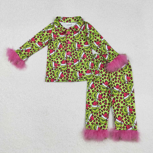 Mama and Me Leopard Grin Button Fur Sleeve Pajamas Sets Ruffle Dresses Zipper Rompers