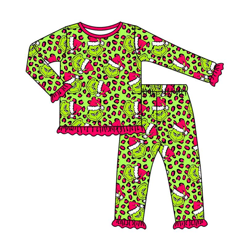 Baby Girls Green Face Leopard Top Ruffle Pant Christmas Pajamas Set Preorder