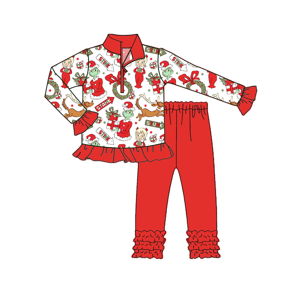 Baby Girls Green Face Holly Zipper Pullovers Ruffle Pant Christmas Set Preorder