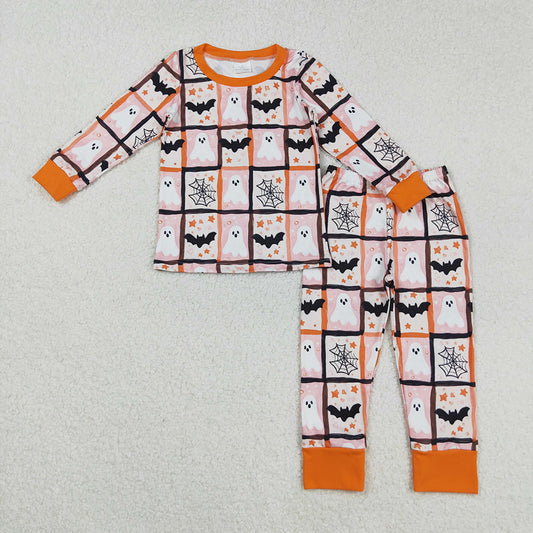 Baby Girls Ghosts Bats Plaid Top Pants Halloween Pajamas Set