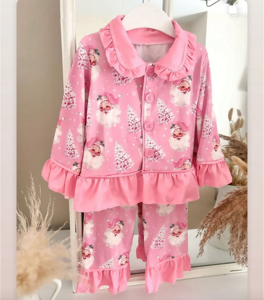 Baby Girls Pink Santa Trees Plaid Button Top Pants Christmas Pajamas Set Preorder