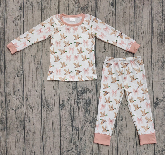Baby Girls Ducks Bows Plaid Top Pants Pajamas Set