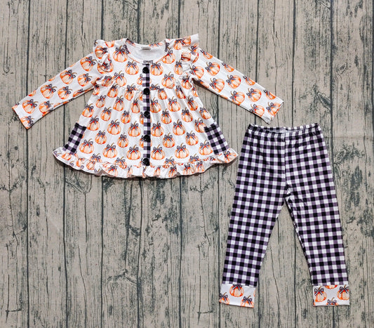 Baby Girls Button Pockets Pumpkins Tunic Black Plaid Pants Fall Sets