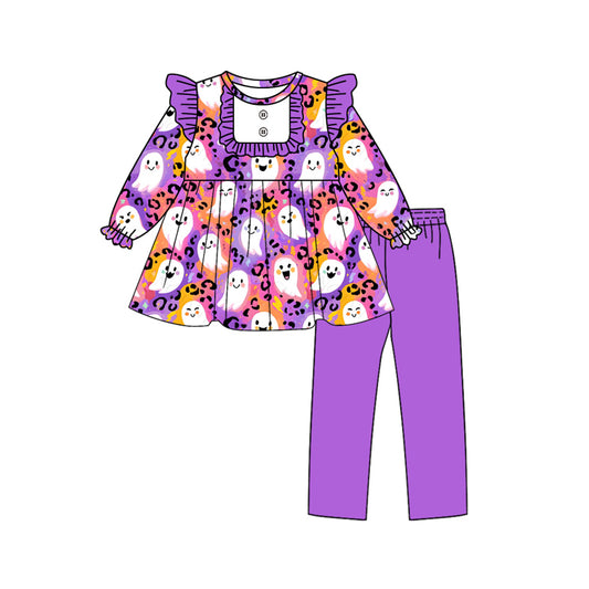 Baby Girls Purple Leopard Ghost Button Tunic Legging Pant Halloween Set Preorder