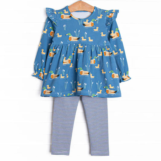 Baby Girls Blue Ducks Plaid Tunic Stripe Legging Pant Set Preorder