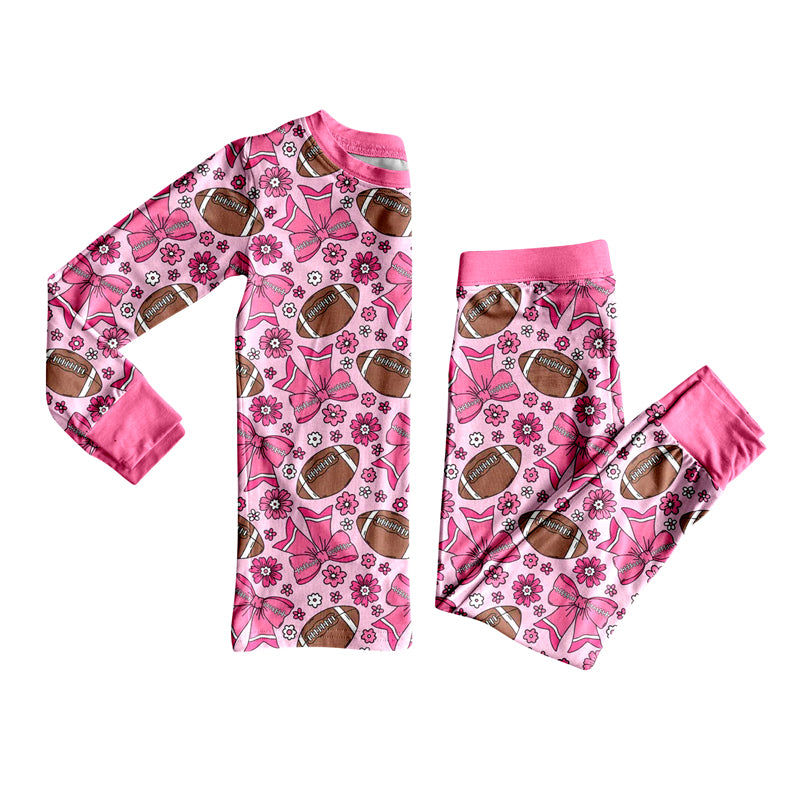 Baby Girls Pink Bows Flowers Football Top Pant Team Pajamas Set Preorder