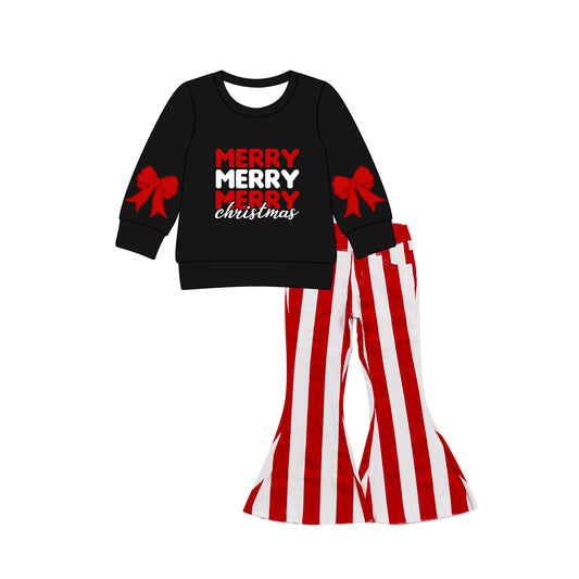 Baby Girls Black Merry Christmas Top Stripe Denim Pants Clothes Set Preorder