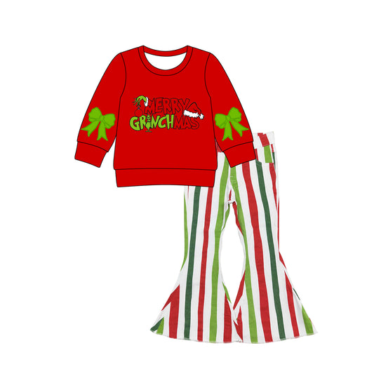 Baby Girls Red Merry Christmas Green Face Top Stripe Denim Pants Clothes Set Preorder