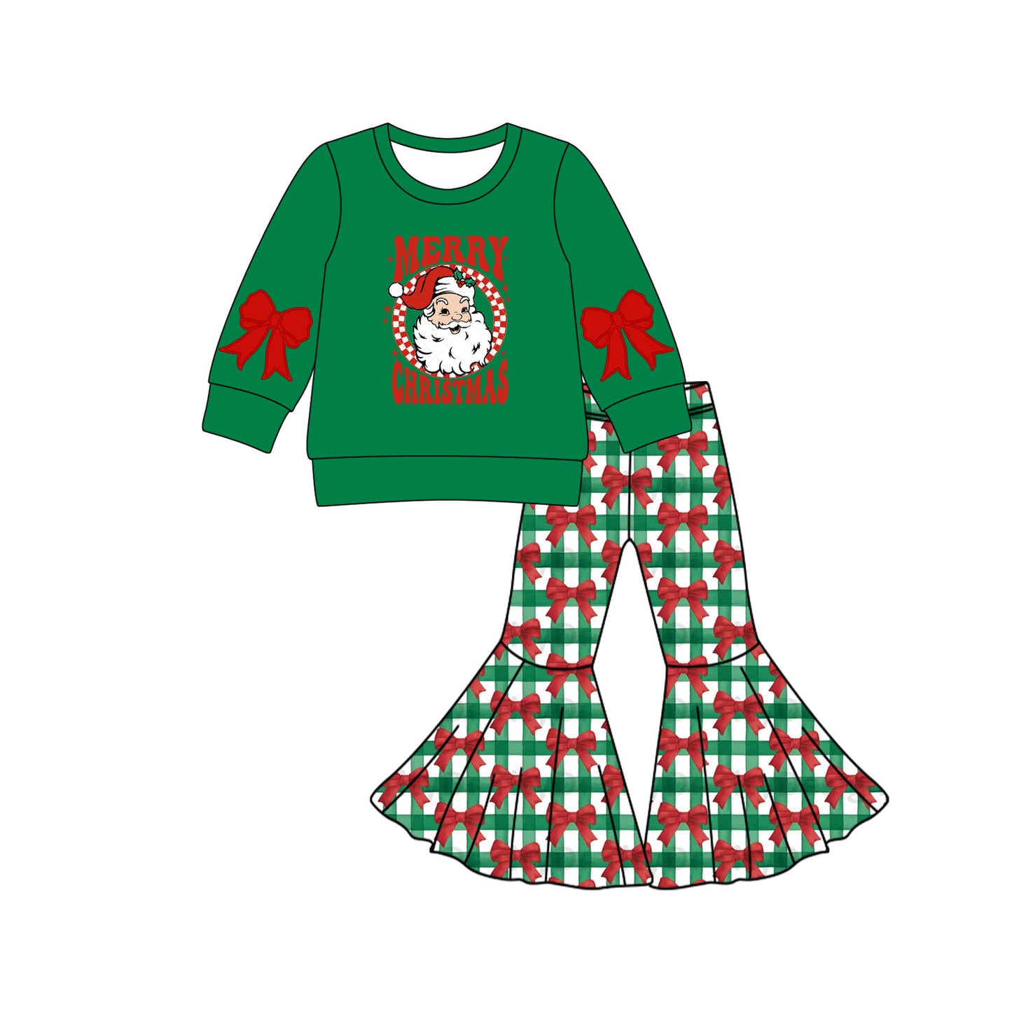 Baby Girls Green Santa Merry Christmas Top Bows Plaid Bell Bottom Pant Set Preorder