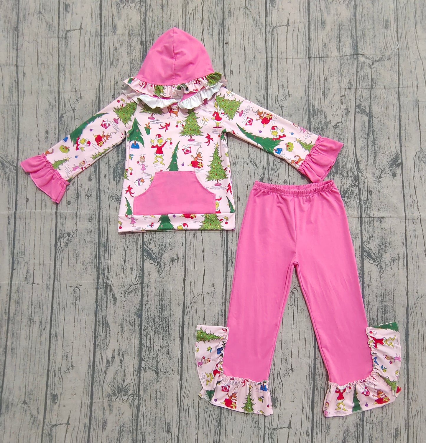 Baby Girls Grin Trees Pocket Hoodie Ruffle Pant Christmas Clothes Set