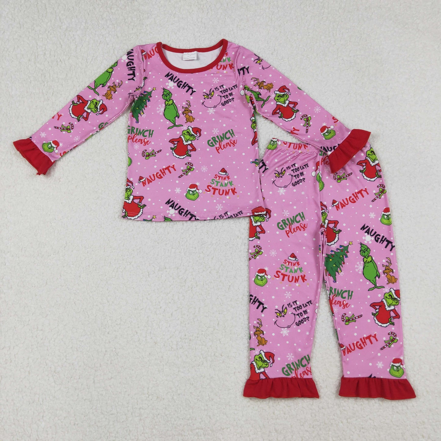 Baby Girls Christmas Trees Green Face Top Ruffle Pant Pajamas Set