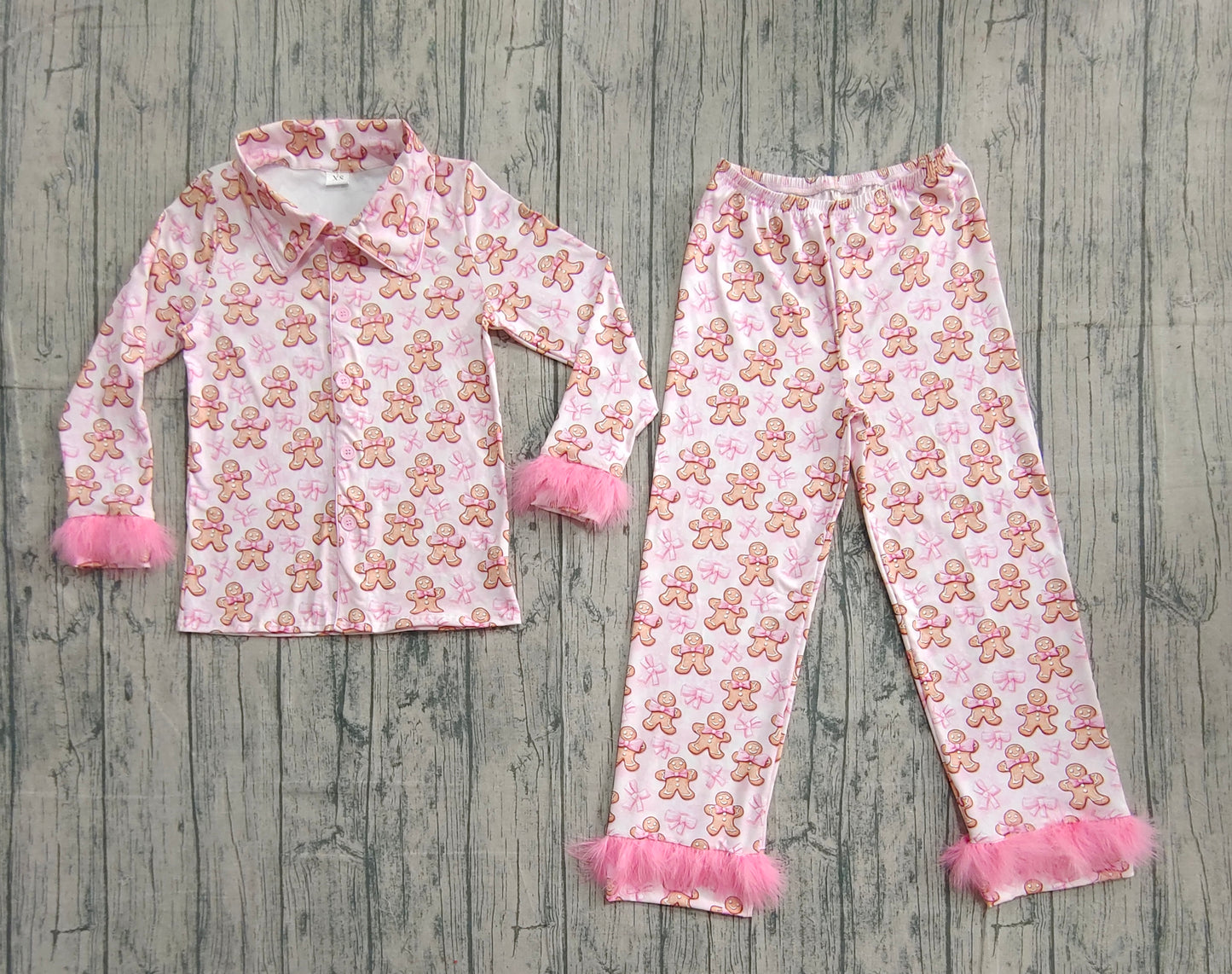 Adult Women Bows Gingerbread Button Top Pants Christmas Fur Pajamas Set