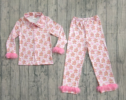 Adult Women Bows Gingerbread Button Top Pants Christmas Fur Pajamas Set