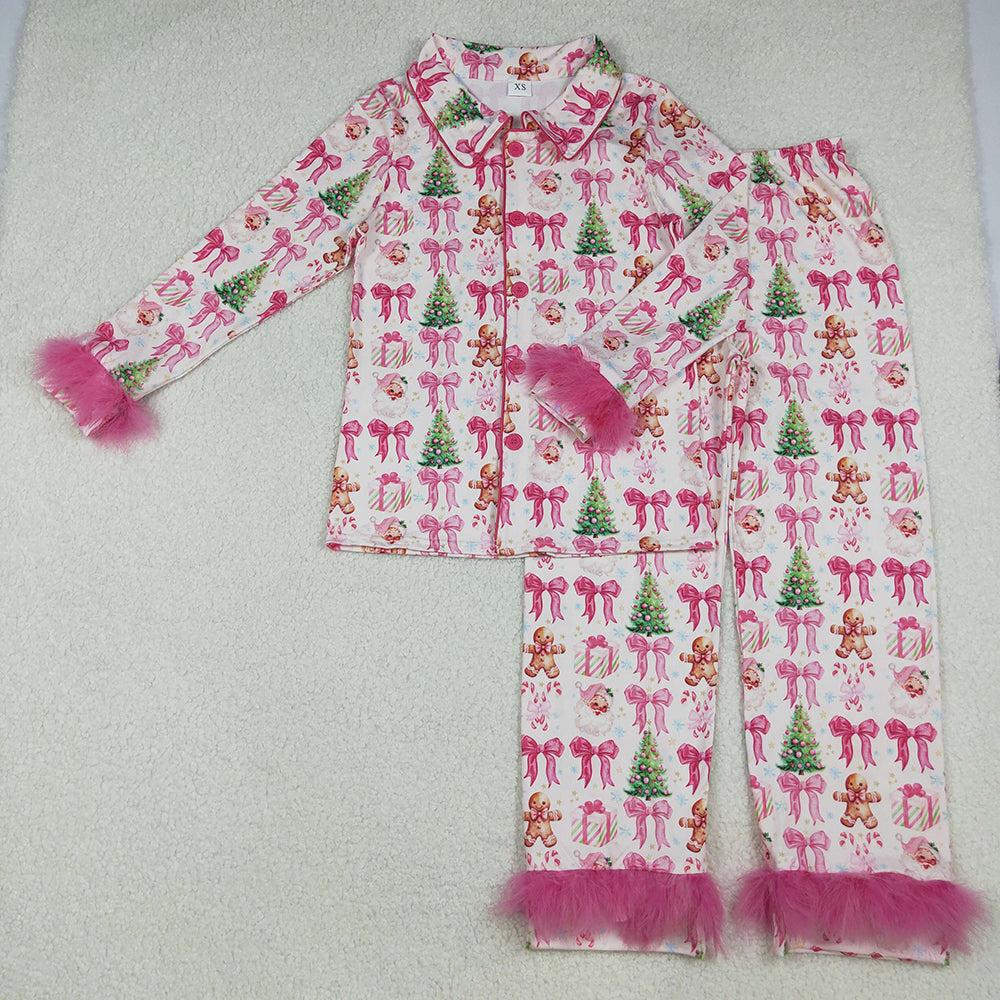Adult Women Bows Gingerbread Trees Button Top Pants Christmas Fur Pajamas Sets