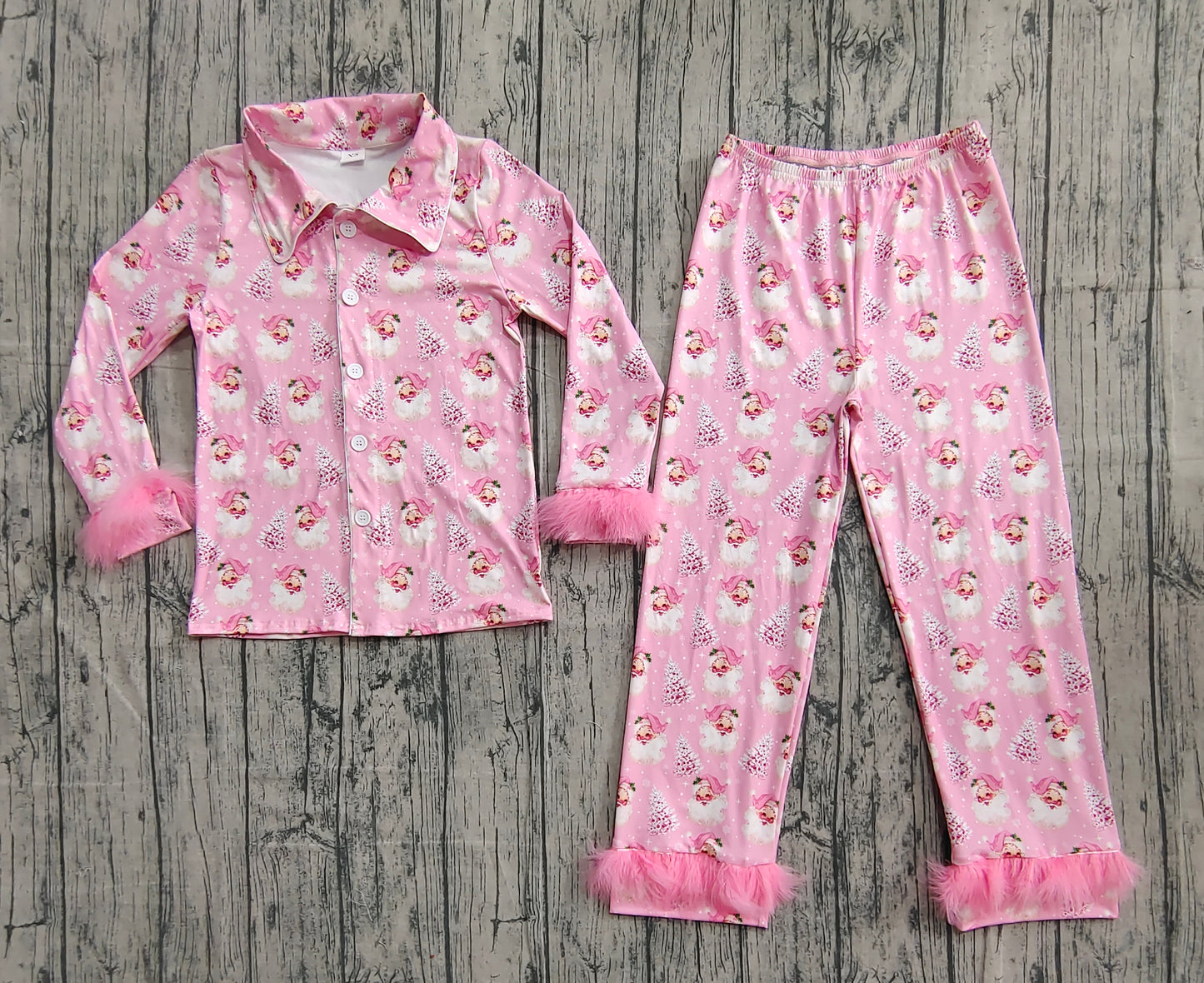 Adult Women Pink Santa Trees Button Top Pants Christmas Fur Pajamas Set