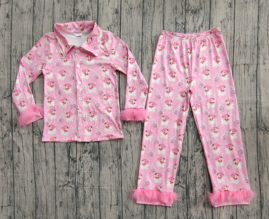 Adult Women Pink Santa Trees Button Top Pants Christmas Fur Pajamas Set