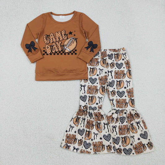 Baby Girls Brown Game Day Footballs Top Bell Bottom Pant Team Clothes Set