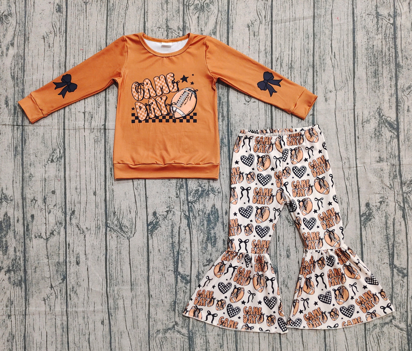 Baby Girls Brown Game Day Footballs Top Bell Bottom Pant Team Clothes Set
