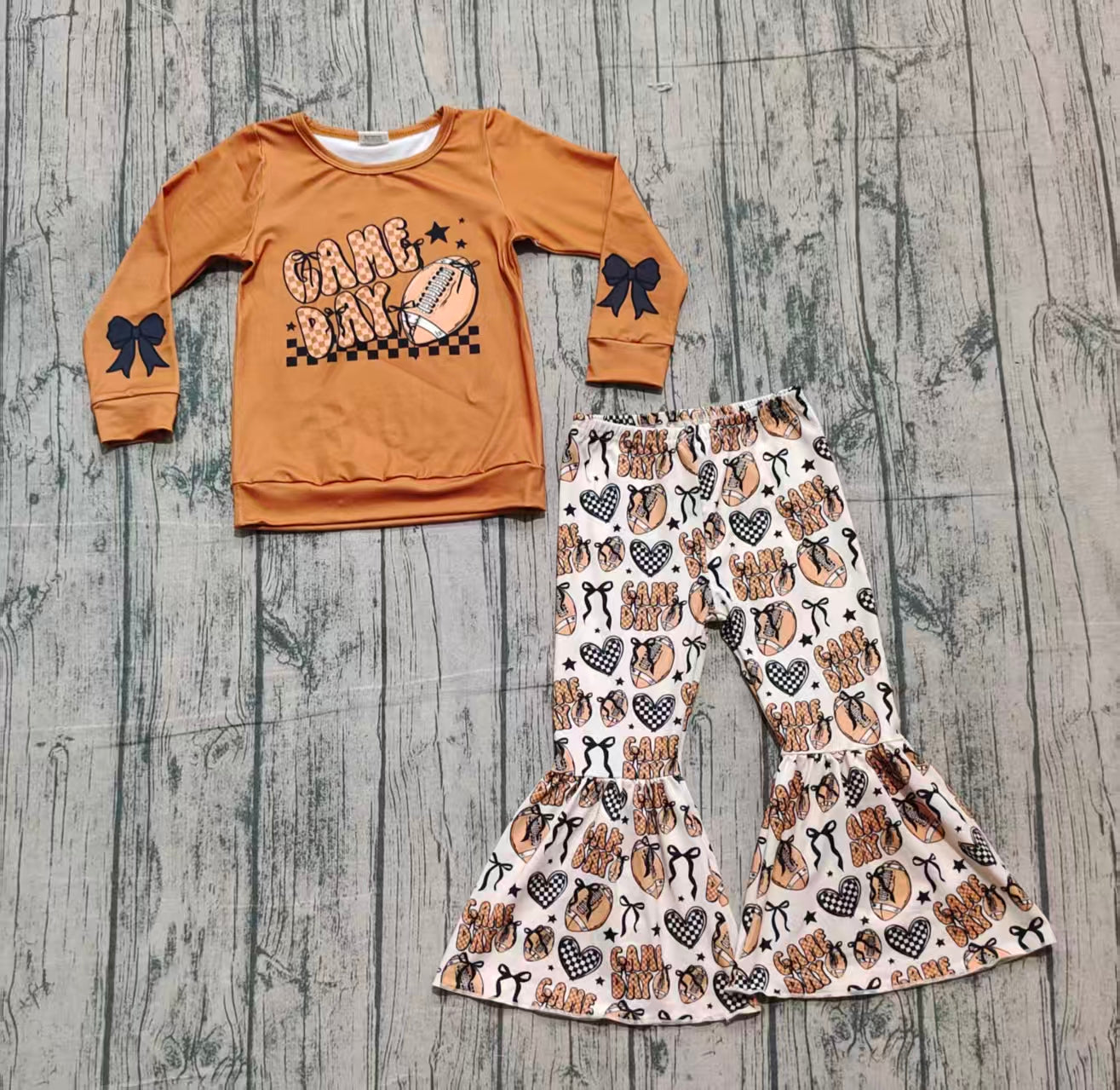 Baby Girls Brown Game Day Footballs Top Bell Bottom Pant Team Clothes Set
