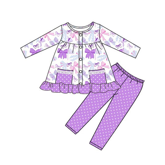 Baby Girls Purple Bows Plaid Pockets Button Tunic Polka Dots Legging Set Preorder