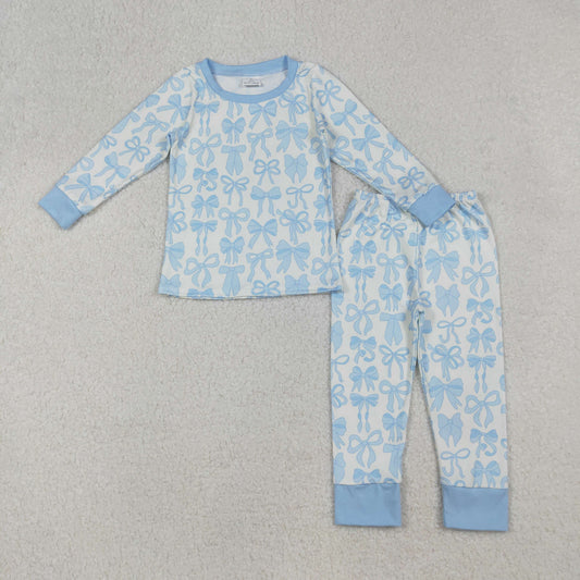 Sibling Baby Girls Light Blue Bows Plaid Top Pant Pajamas Sets Blankets