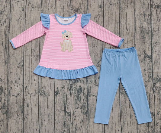 Embroidery Dog Baby Girls Pink Stripe Tunic Blue Leggings Clothes Set