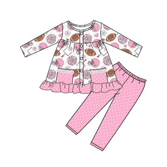 Baby Girls Pink Flowers Baseballs Pockets Button Tunic Polka Dots Legging Set Preorder