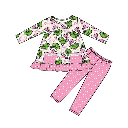 Baby Girls Green Face Pockets Button Tunic Polka Dots Legging Christmas Set Preorder