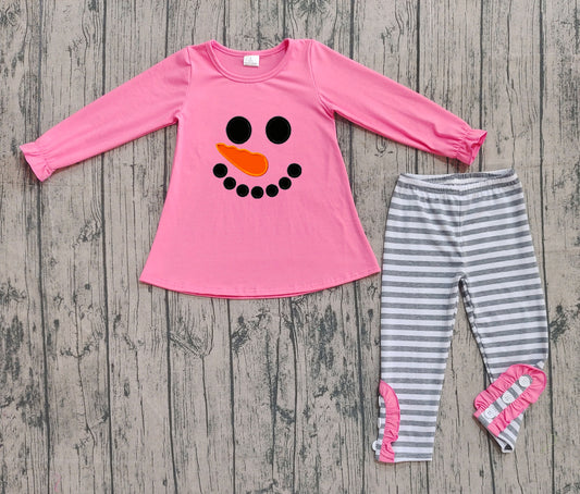 Embroidery Snowmen Baby Girls Tunic Stripe Leggings Pant Christmas Set