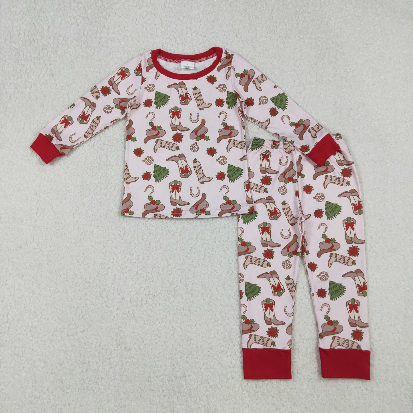 Sibling Baby Girls Christmas Long Sleeves Bows Holly Boots Top Pant Pajamas Sets