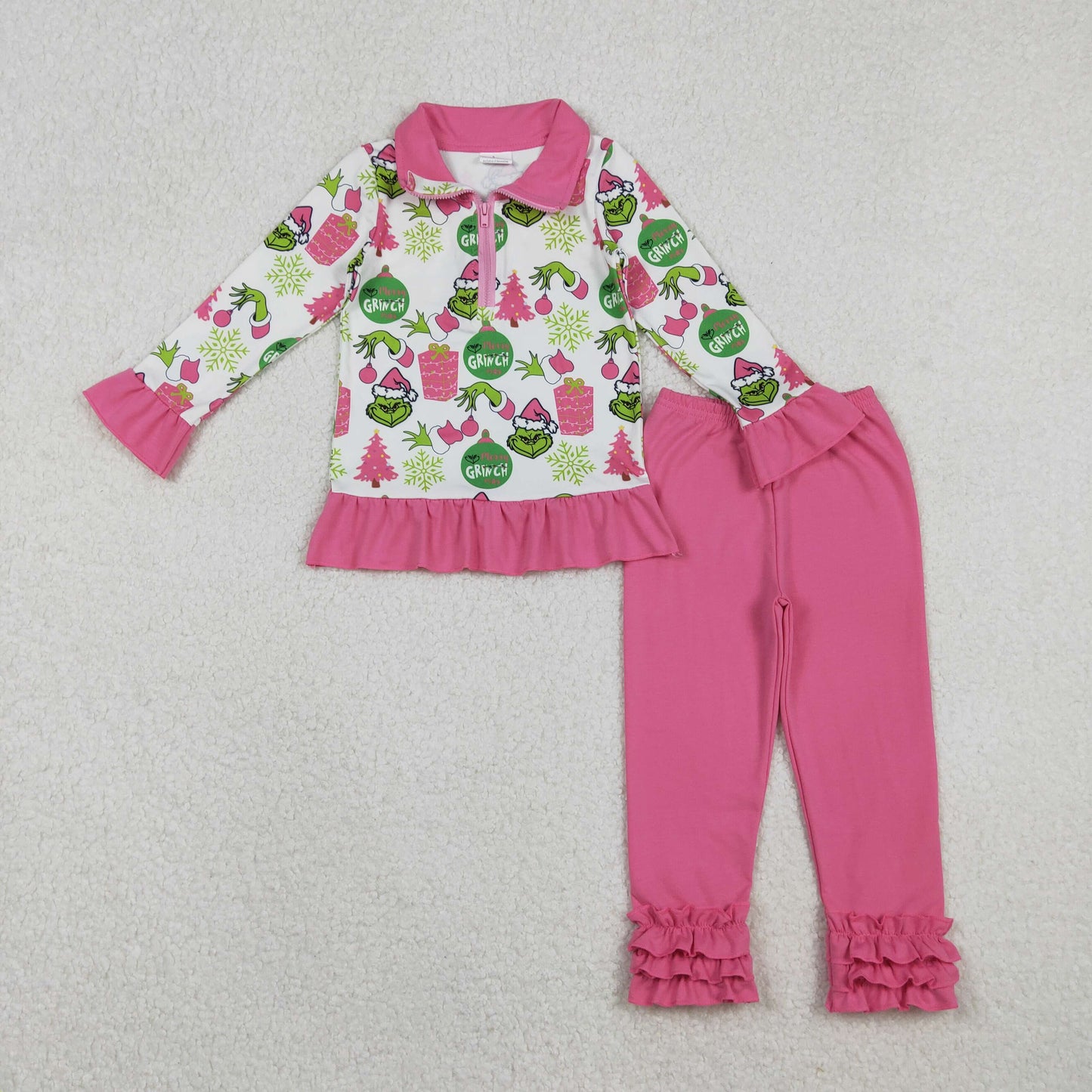 Sibling Baby Girls Green Faces Trees Lights Christmas Ruffle Knee Length Dress Pajamas Sets Footie Rompers
