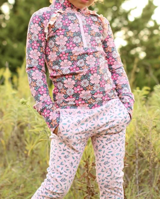 Baby Girls Flowers Zipper Pullover Pockets Pant Yoga Active Clothes Set Preorder