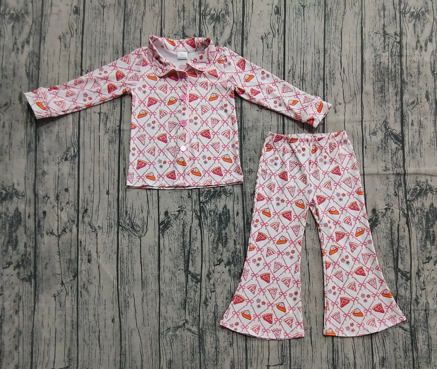 Baby Girls Bows Flowers Pie Checked Button Top Pant Thanksgiving Pajamas Set