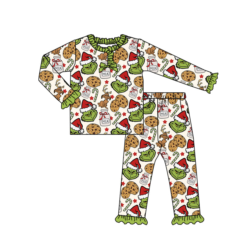 Baby Girls Green Face Milks Top Pant Christmas Pajamas Set Preorder