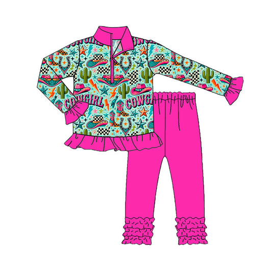 Baby Girls Hats Cactus Zipper Pullovers Ruffle Legging Pants Western Set Preorder
