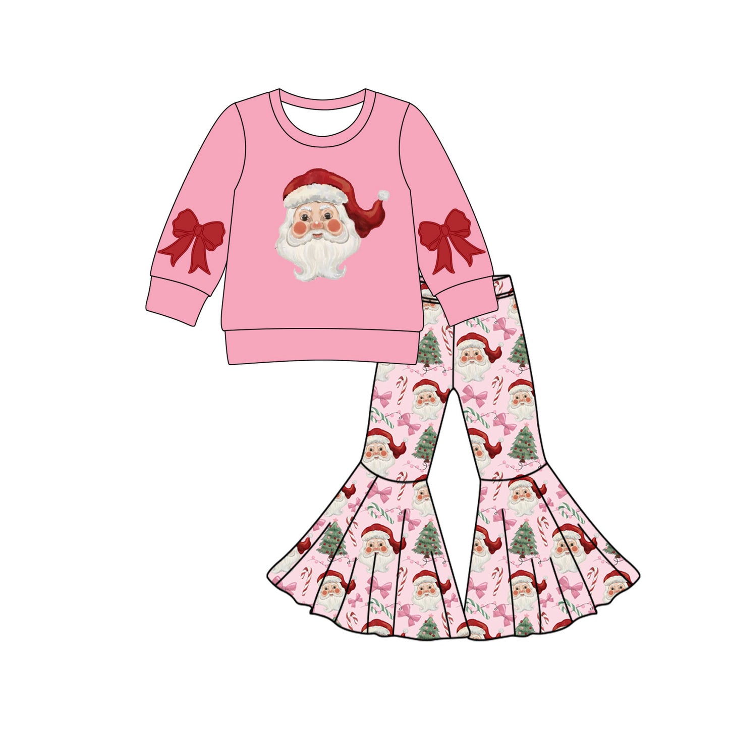 Baby Girls Pink Santa Bows Top Bell Bottom Pant Christmas Set Preorder
