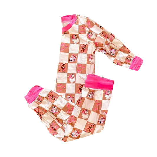 Baby Girls White Checked Santa Deer Top Pant Christmas Pajamas Set Preorder