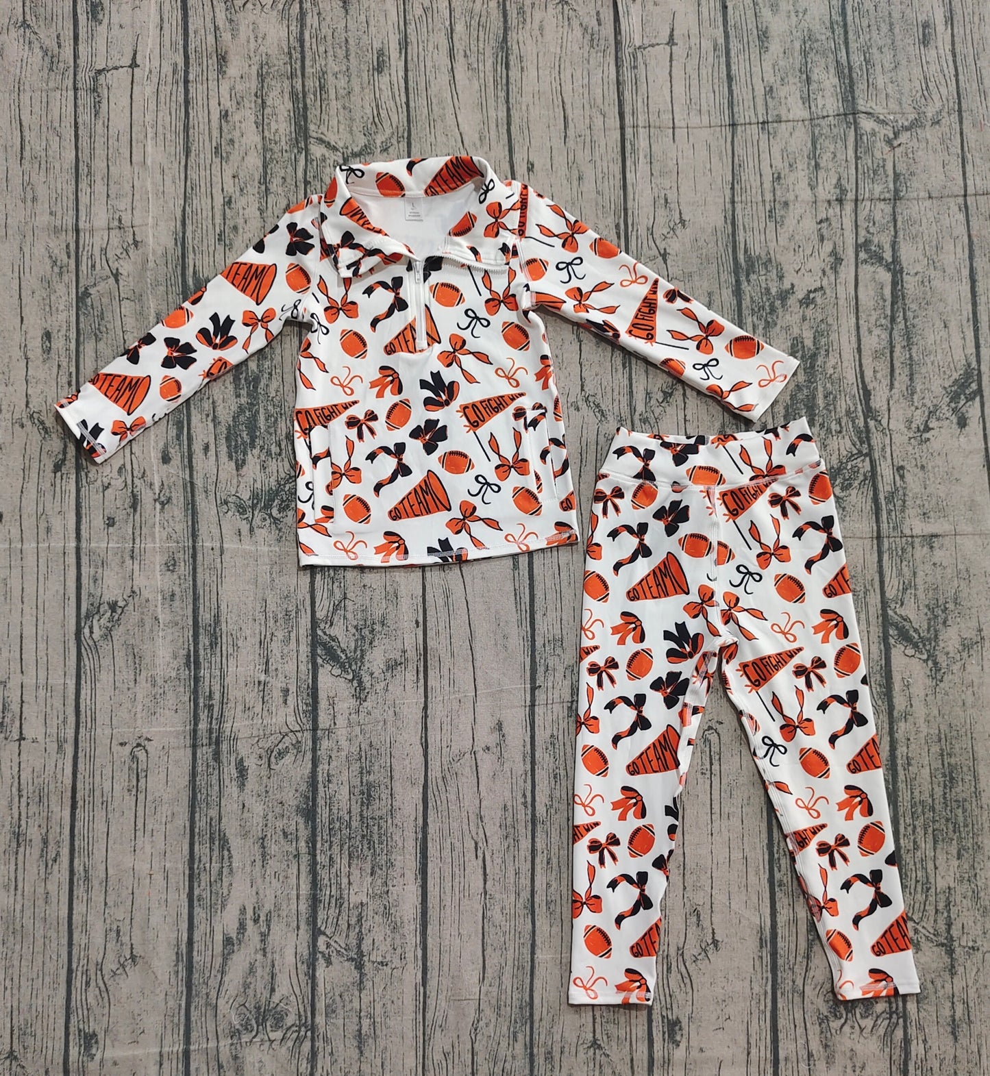 Baby Girls Orange Bows Footballs Go Teams Pullovers Leggings Yoga Active Clothes Set