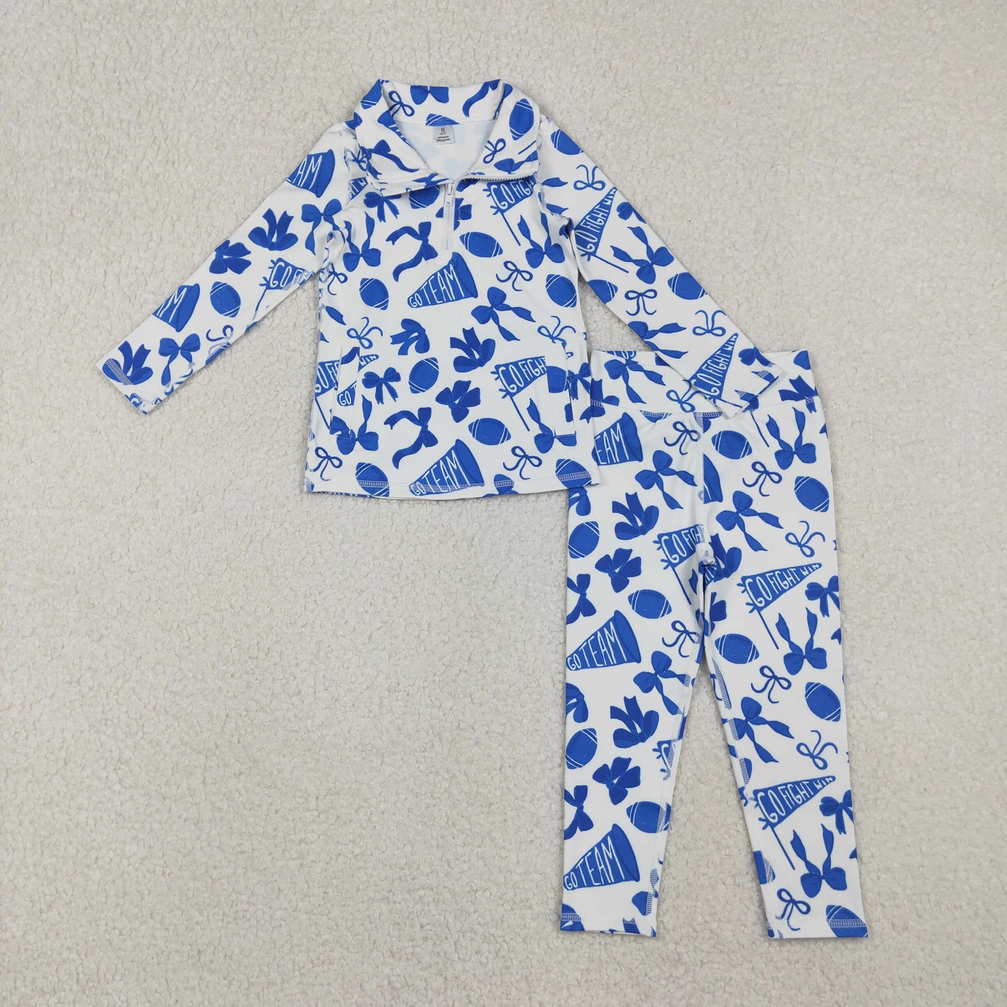 Baby Girls Blue Bows Footballs Go Teams Pullovers Leggings Yoga Active Clothes Set